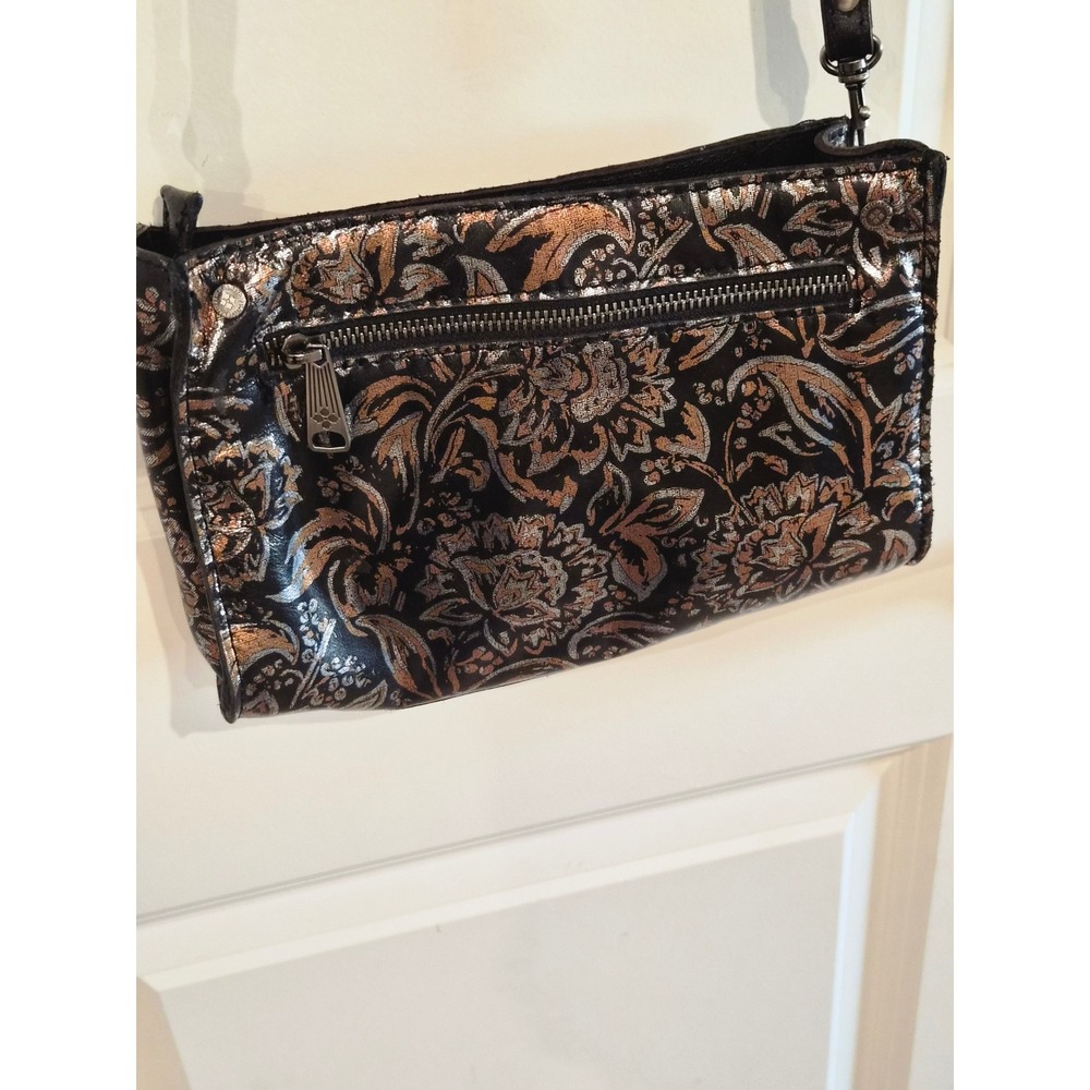 Patricia Nash Black Leather Metallic Floral Brocade Crossbody Bag
